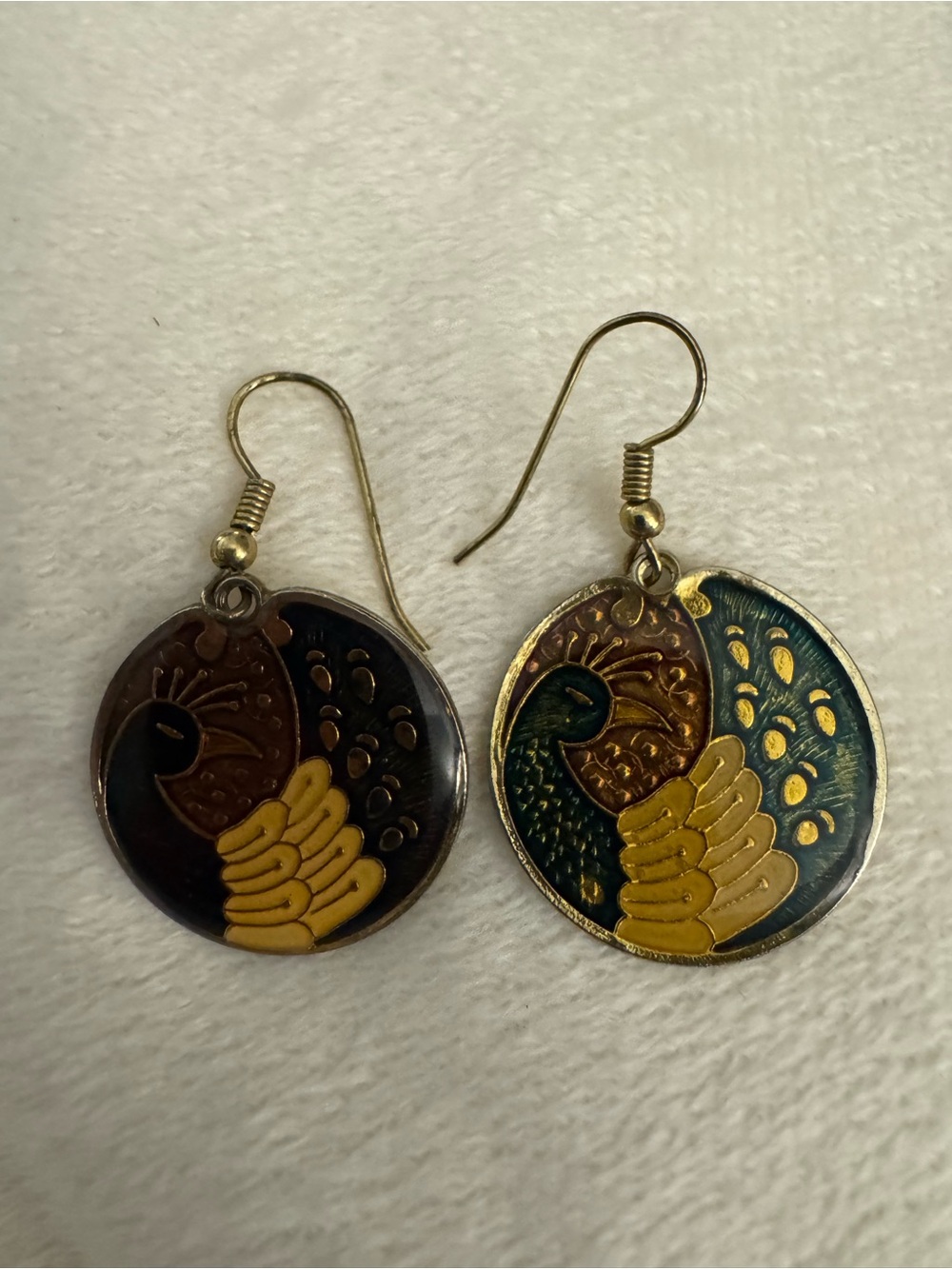 Gold and Green Peacock Enamel Drop Earrings - Women Jewelry
